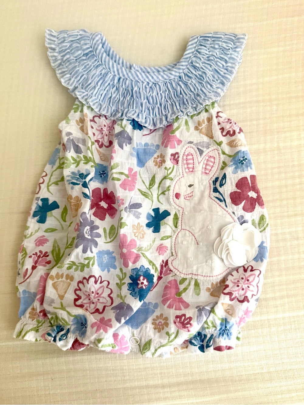 Mud Pie Smocked Baby Girl Bubble Romper- Pastel Floral w/ Bunny-  EUC- 0-3 mo